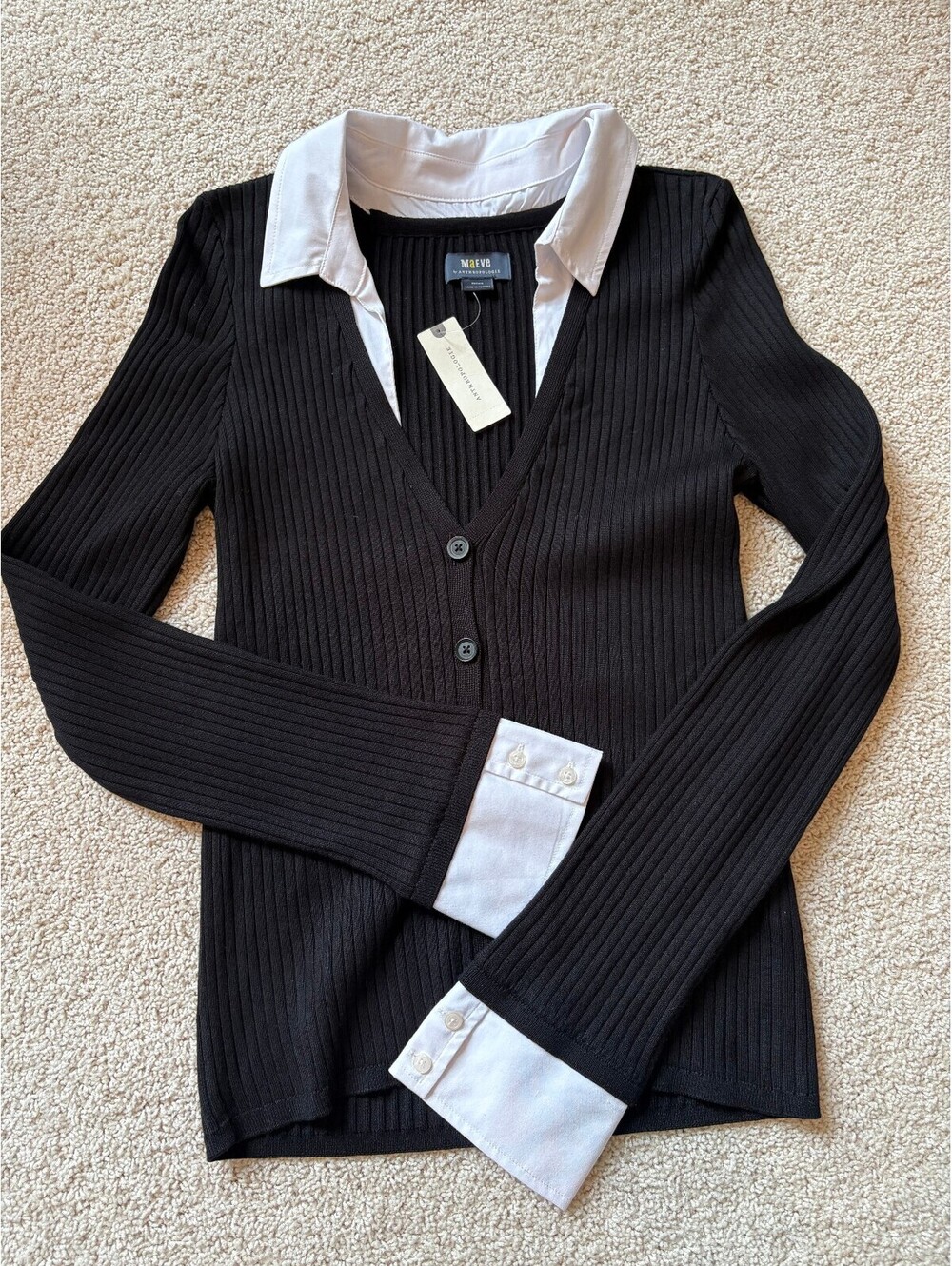 NWT Maeve Anthropologie Black White Layered Collared Ribbed Top M